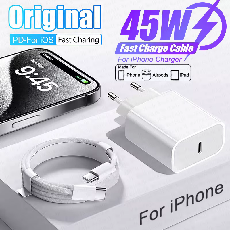 Apple מקורי 45W סוג C מטען מהיר לאייפון 17 16 15 14 13 12 11 Pro Max Plus Samsung Xiaomi כבל ברק מה