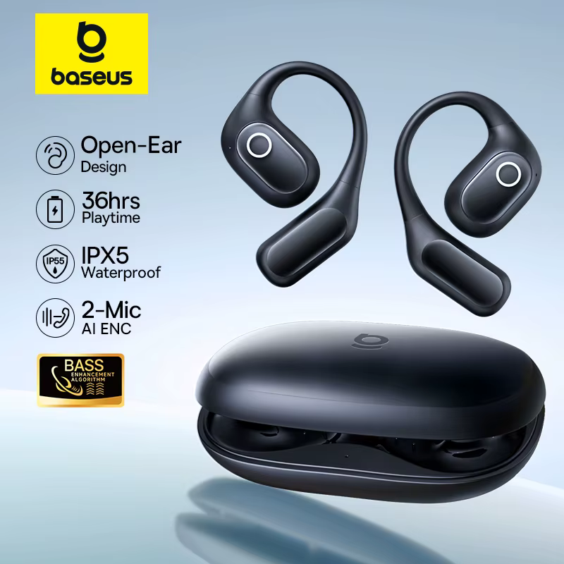 Waelshop אביזרים וחלקים אוזניות אלחוטיות Baseus Eli 2i Fit Open-Ear True Wireless Bluetooth 6.0 עם חישוקי אוזניות, עמיד
