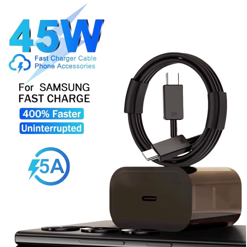 Waelshop אביזרים וחלקים מטען מהיר במיוחד של Samsung בהספק 45W עבור Samsung Galaxy S24 S20 S21 S22 S23 Ultra Plus A54 5G כבל ט