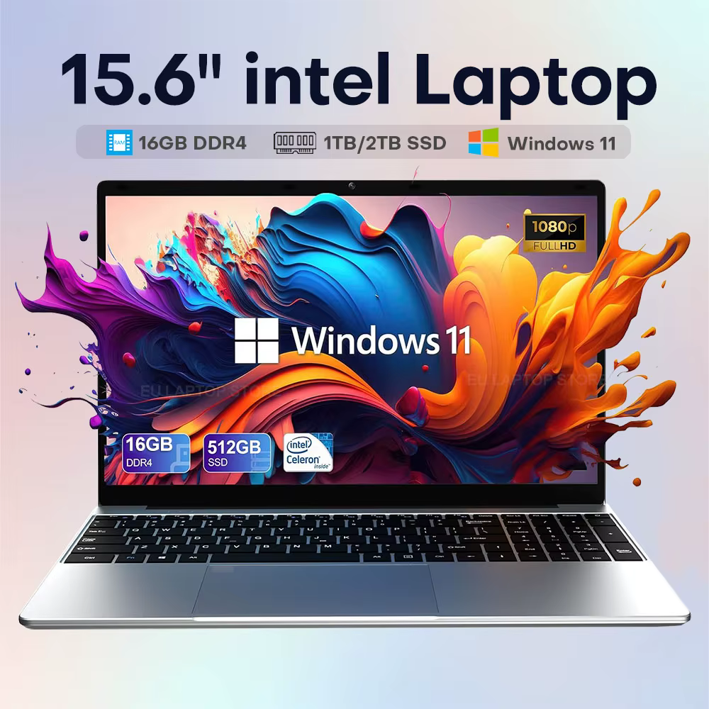 Waelshop אלקטרוניקה מחשב נייד דק במיוחד בגודל 15.6 אינץ' עם מערכת הפעלה Windows 11 Pro, מעבד Intel לגיימ