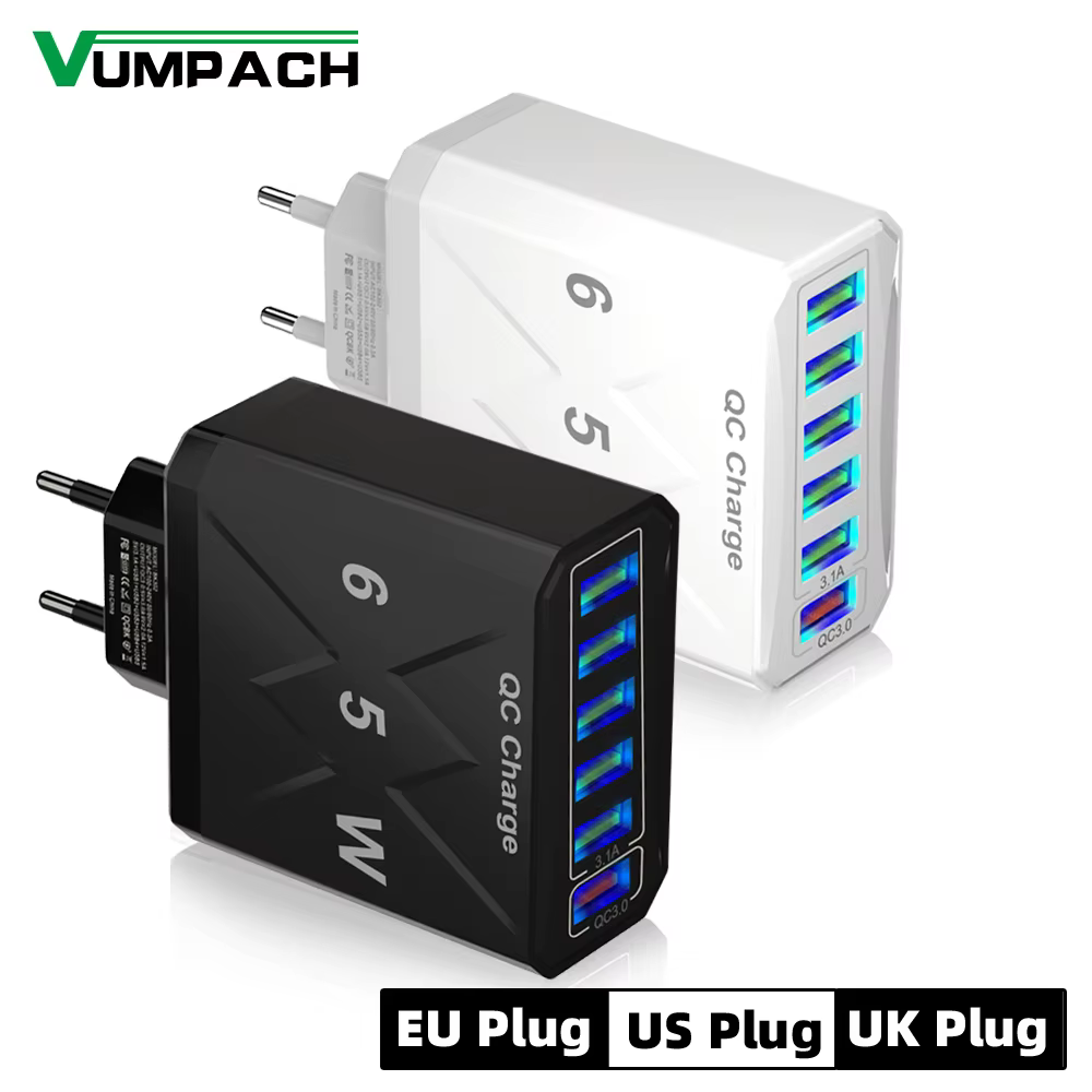 Waelshop טלפון ותקשורת -מטענים מטען USB עם 6 יציאות מהירות טעינה QC3.0 לאייפון 14 סמסונג שיאומי מתאם לטלפון 